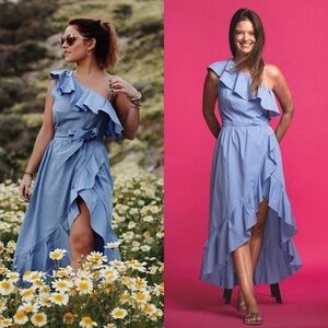 NWT SANDRO Cotton Poplin Sleeveless One Shoulder Ruffle Trim Faux Wrap‎ Dress L